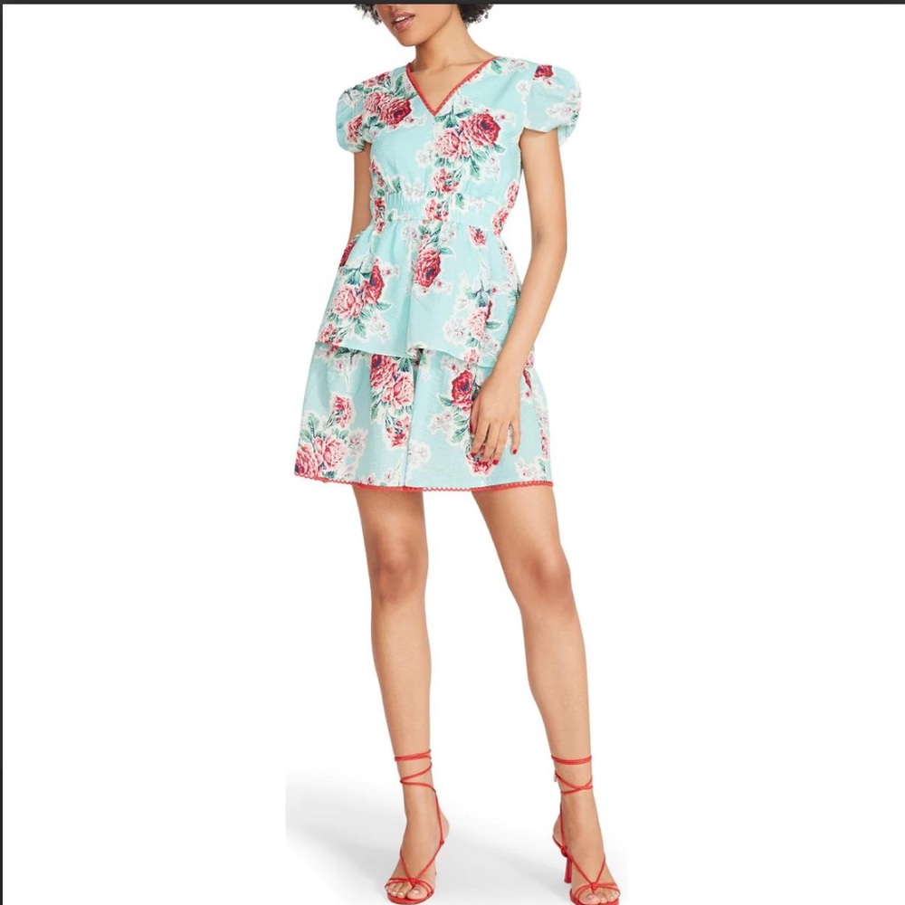 BETSEY JOHNSON Pastel Turquoise Rose Garden Print Seersucker Mini Dress Small - Picture 3 of 7